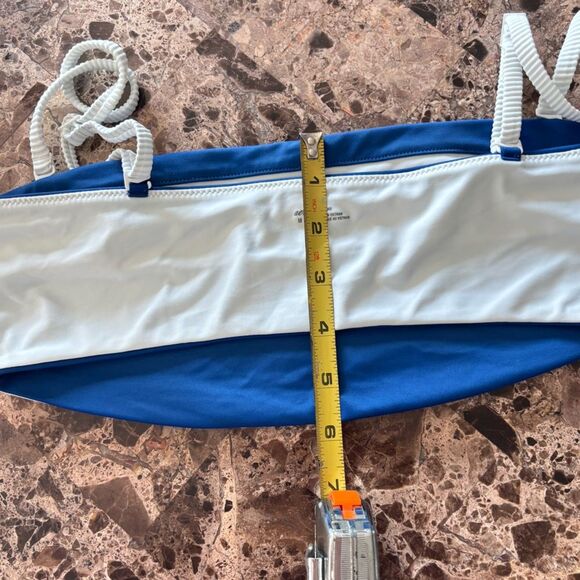 Aerie | Women’s Blue and White Bandeau Bikini Top White Ribbed Adjustable Straps - Picture 13 of 14